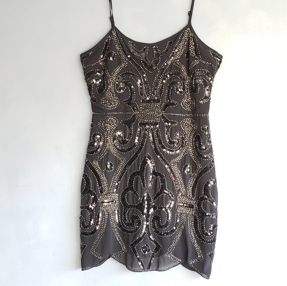 ENDLESS ROSE, SILVER, BLACK BEADED SEQUINS MINI DRESS, SIZE US L
